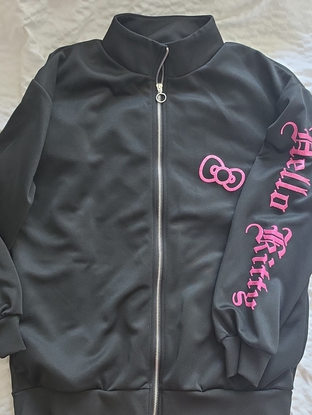 Hello Kitty Black Zip Front Jacket with Pink Logo & Sleeve Script